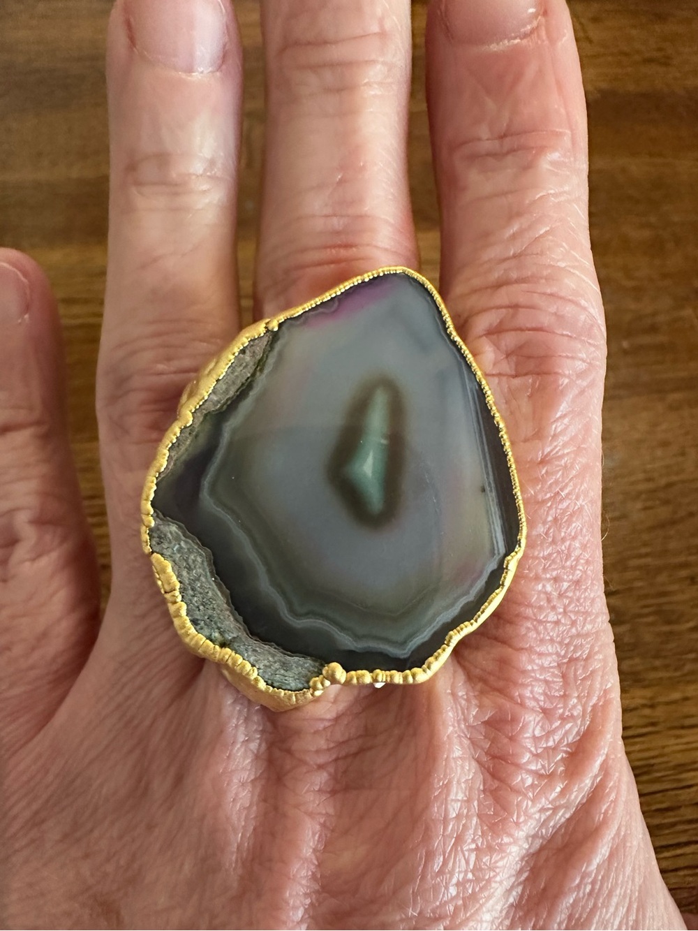 Gold-Trim Natural Gray Agate Statement Ring - Adjustable